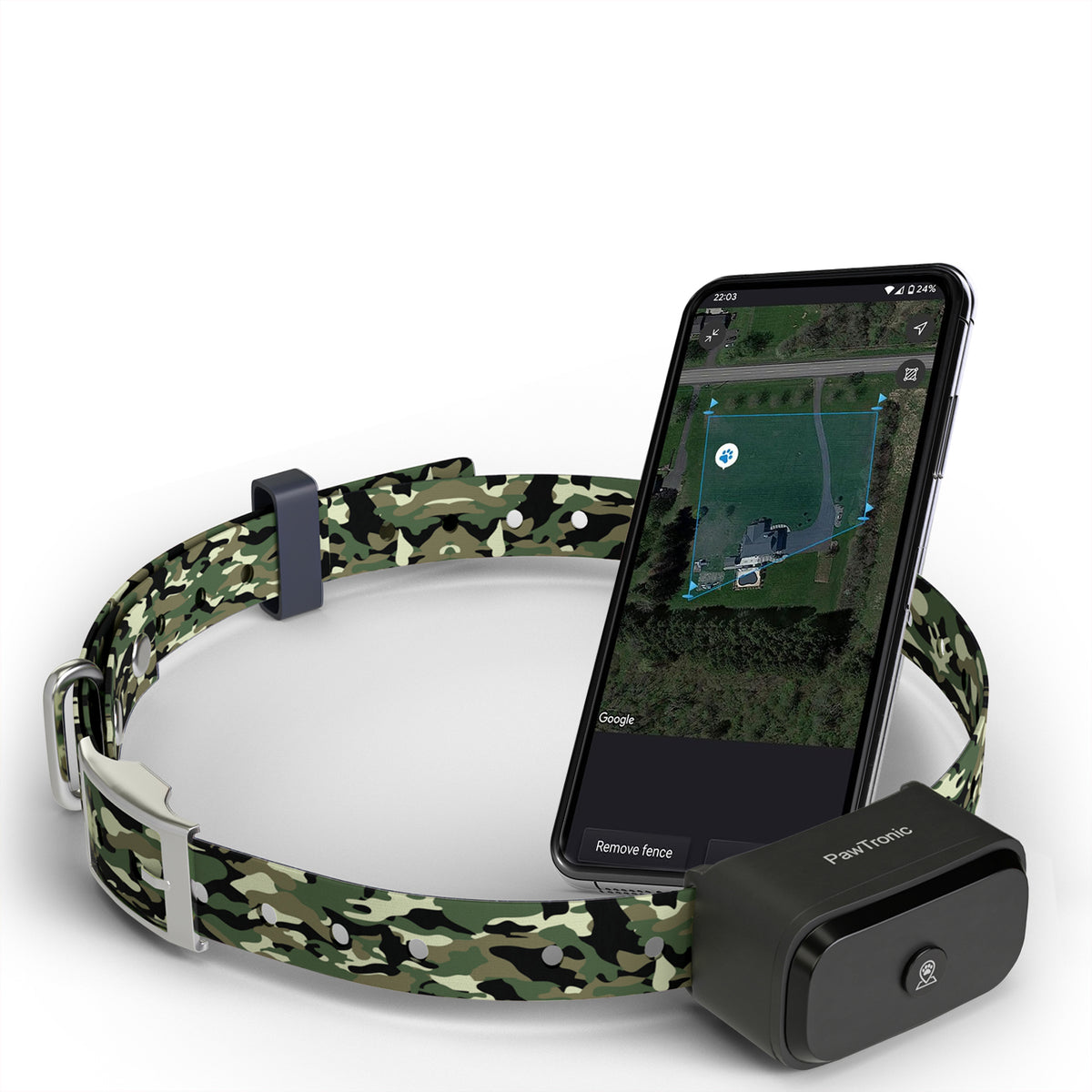 PawTronic Pro Series GPS collar beside a custom boundary map